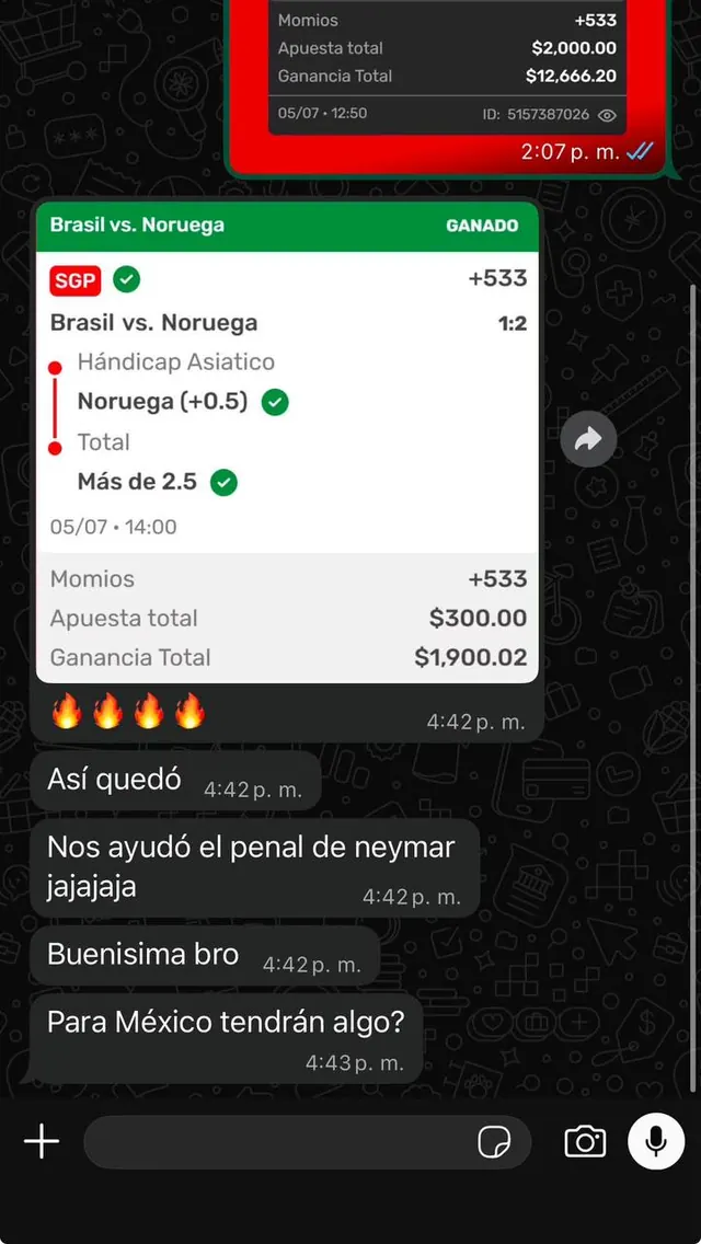 Conversación de WhatsApp: miembro con apuesta de $300 cobra $1,900 en Brasil vs Noruega y pide la siguiente jugada