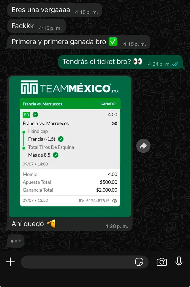 Conversación de WhatsApp: miembro celebra que su primera jugada con la comunidad fue ganadora