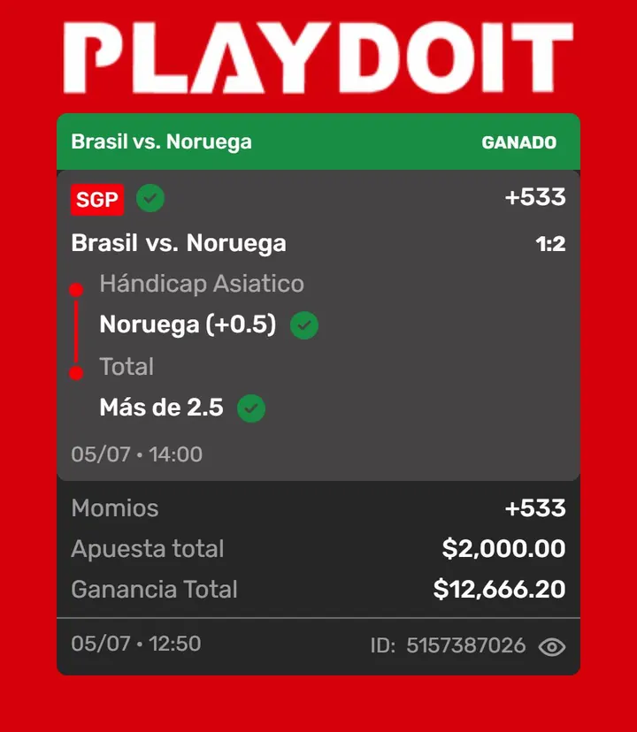 Ticket ganado en Playdoit: Brasil vs Noruega del Mundial con momio +533, $2,000 de apuesta y $12,666 de ganancia (5 de julio)