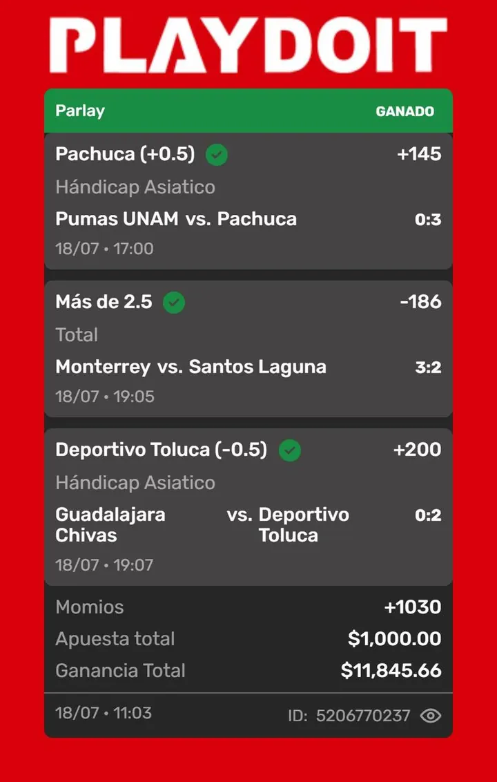 Ticket ganado en Playdoit: parlay de Liga MX con momio +1030, $1,000 de apuesta y $11,845 de ganancia (18 de julio)