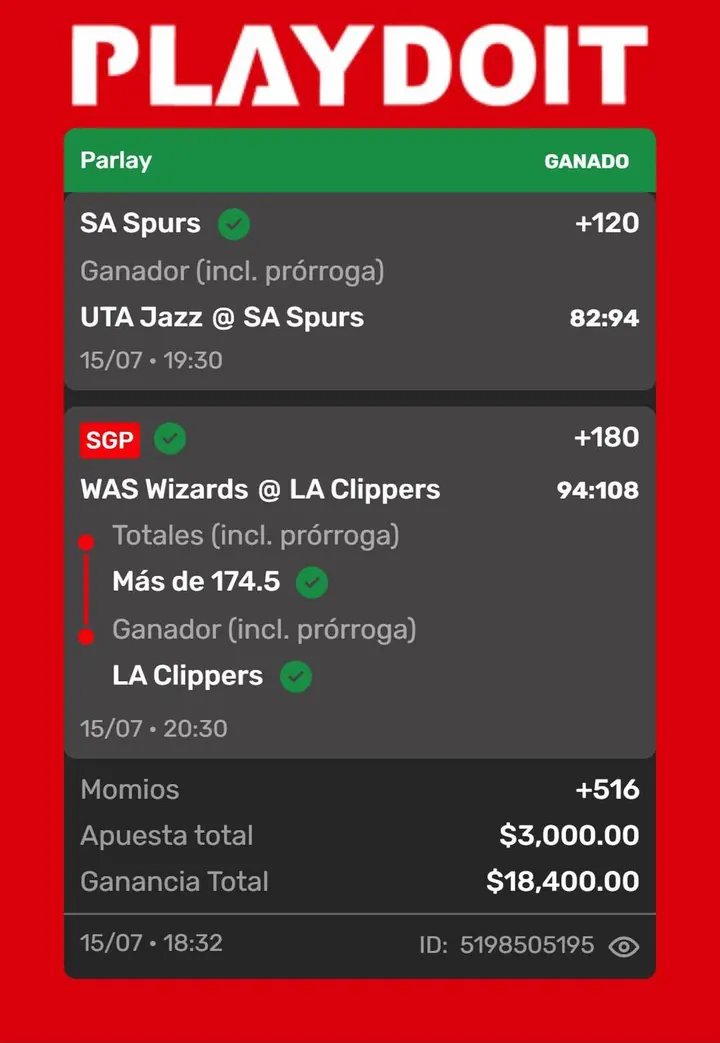 Ticket ganado en Playdoit: parlay NBA con momio +516, $3,000 de apuesta y $18,400 de ganancia (15 de julio)