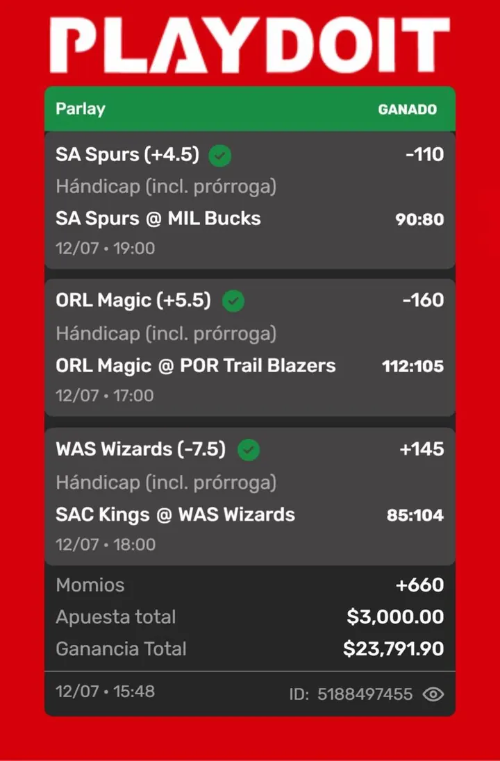 Ticket ganado en Playdoit: parlay NBA con momio +660, $3,000 de apuesta y $23,791 de ganancia (12 de julio)