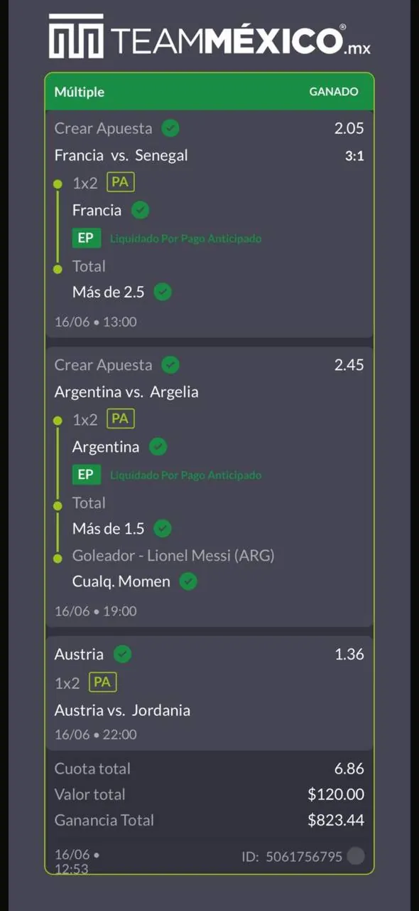 Ticket ganado en TeamMéxico: múltiple del Mundial con cuota 6.86, $120 de apuesta y $823 de ganancia (16 de junio)